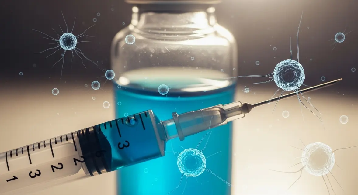 Seringue vaccin ARN messager devant cellules cancereuses