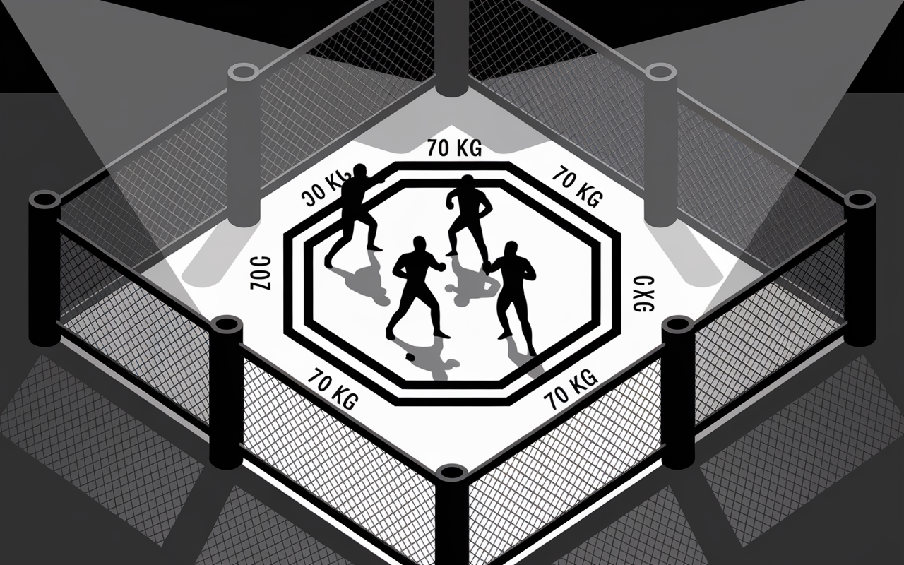 MMA cage UFC Abu Dhabi, fighter silhouettes, weight categories