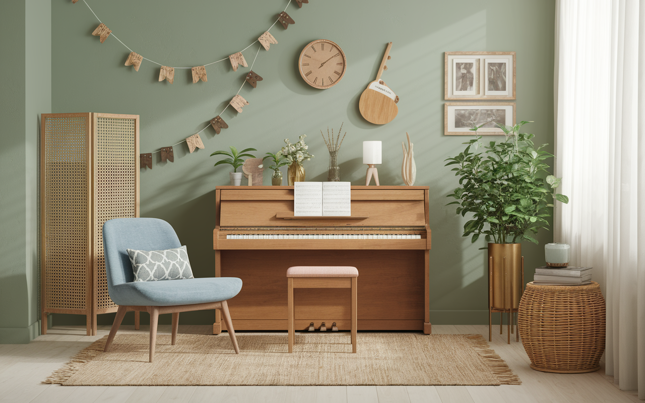 music room decor piano guitar reading cozy