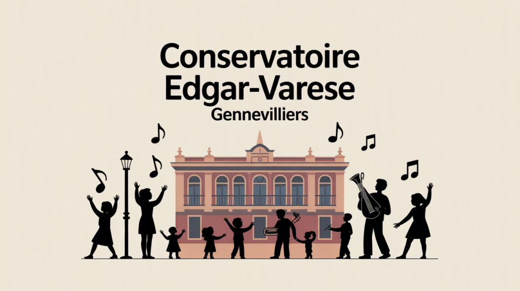 Bâtiment conservatoire Edgar Varese Gennevilliers avec familles et instruments de musique