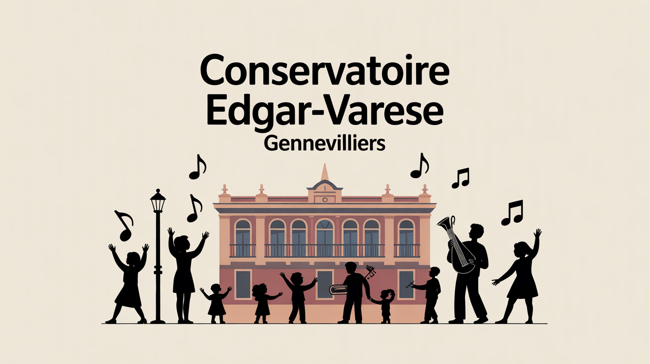Bâtiment conservatoire Edgar Varese Gennevilliers avec familles et instruments de musique