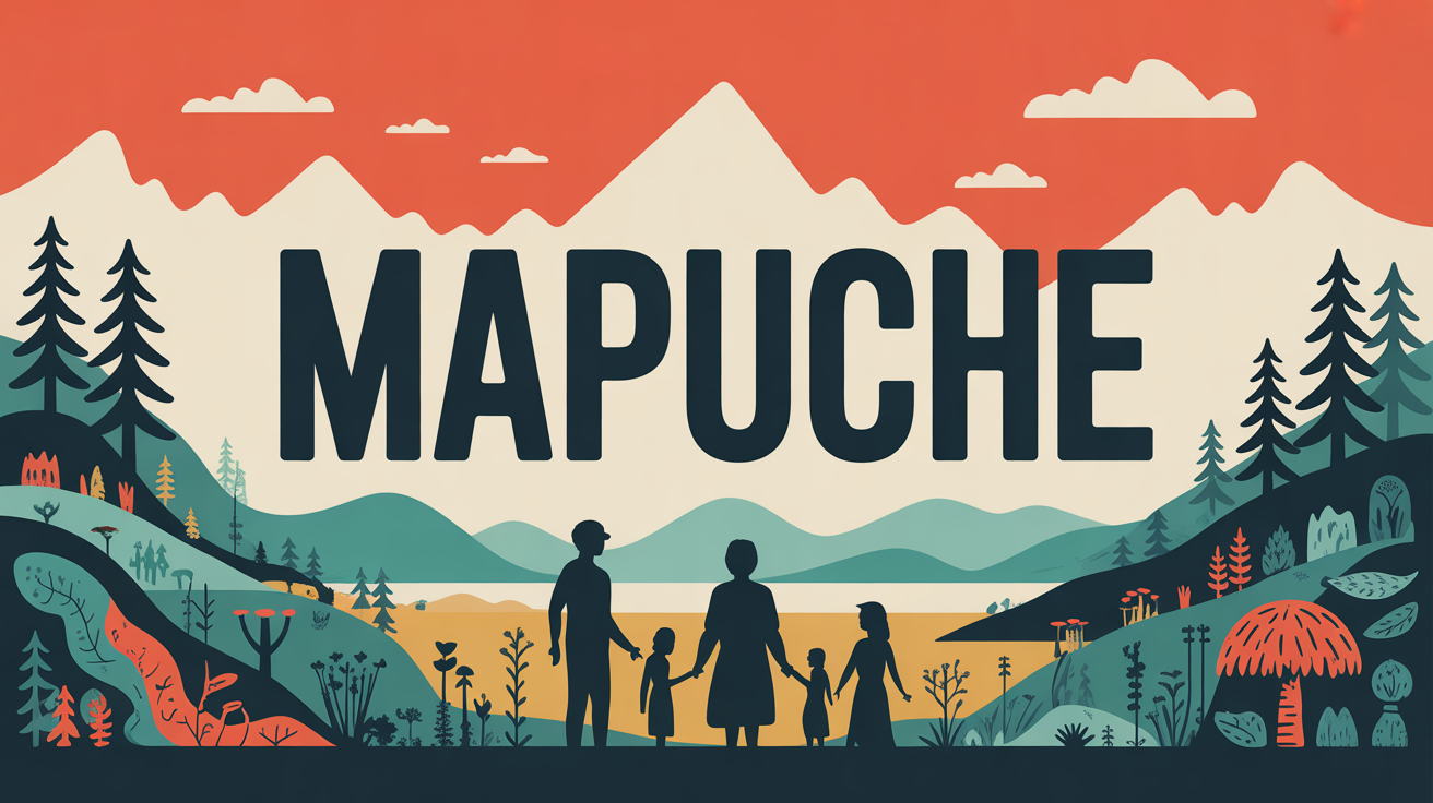 Paysage stylisé sud Chili Patagonie avec famille Mapuche