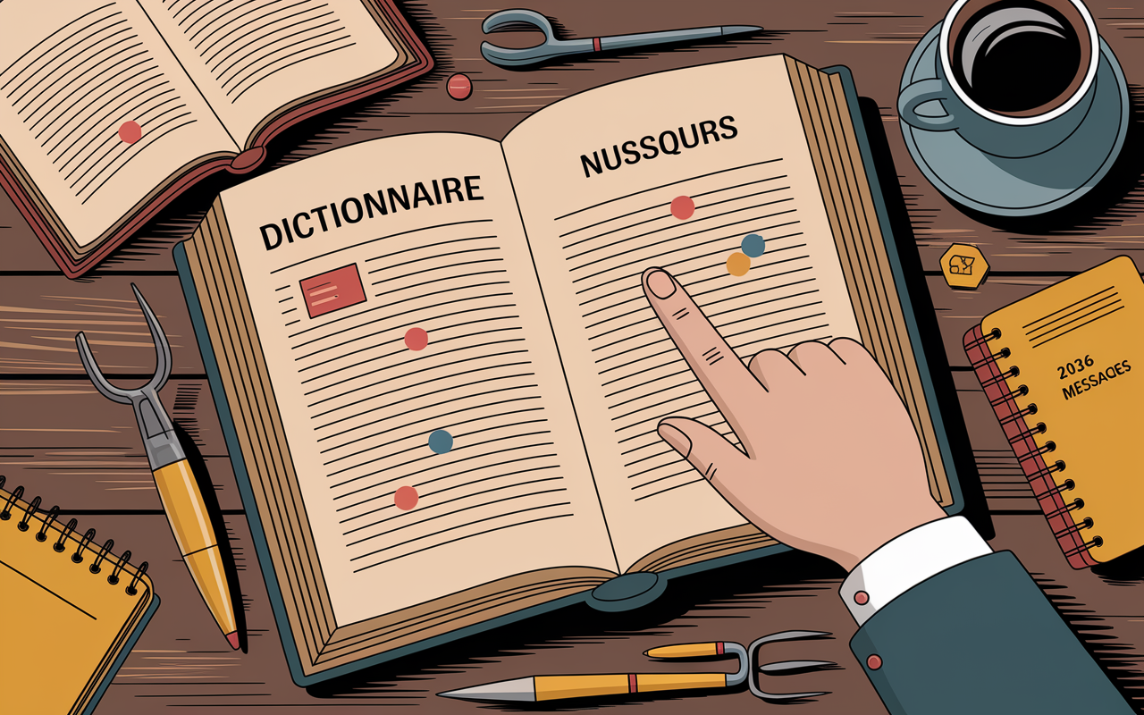 Parchemins médiévaux sur table bois, mots soulignés