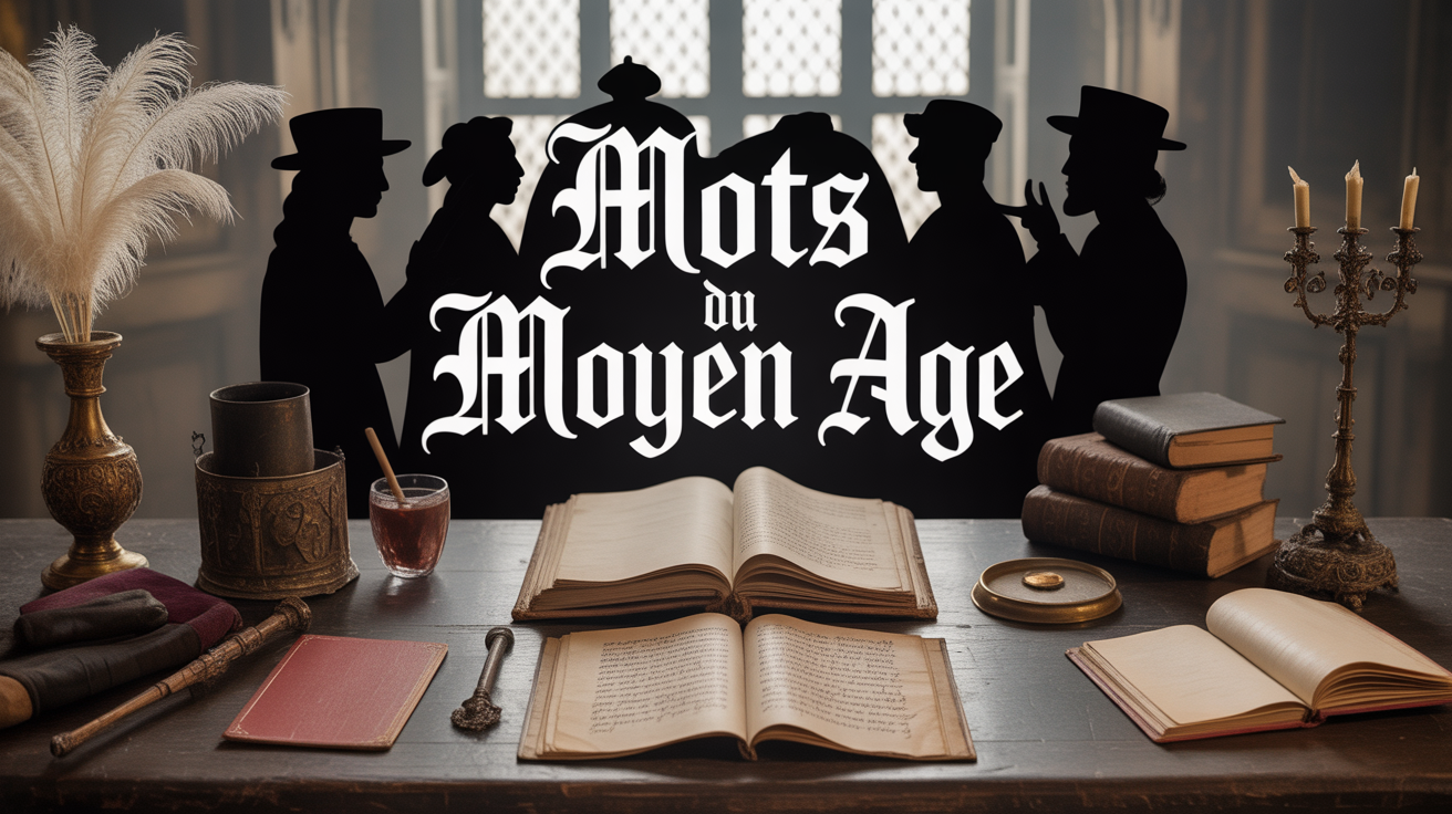 Manuscrits médiévaux et accessoires sur table