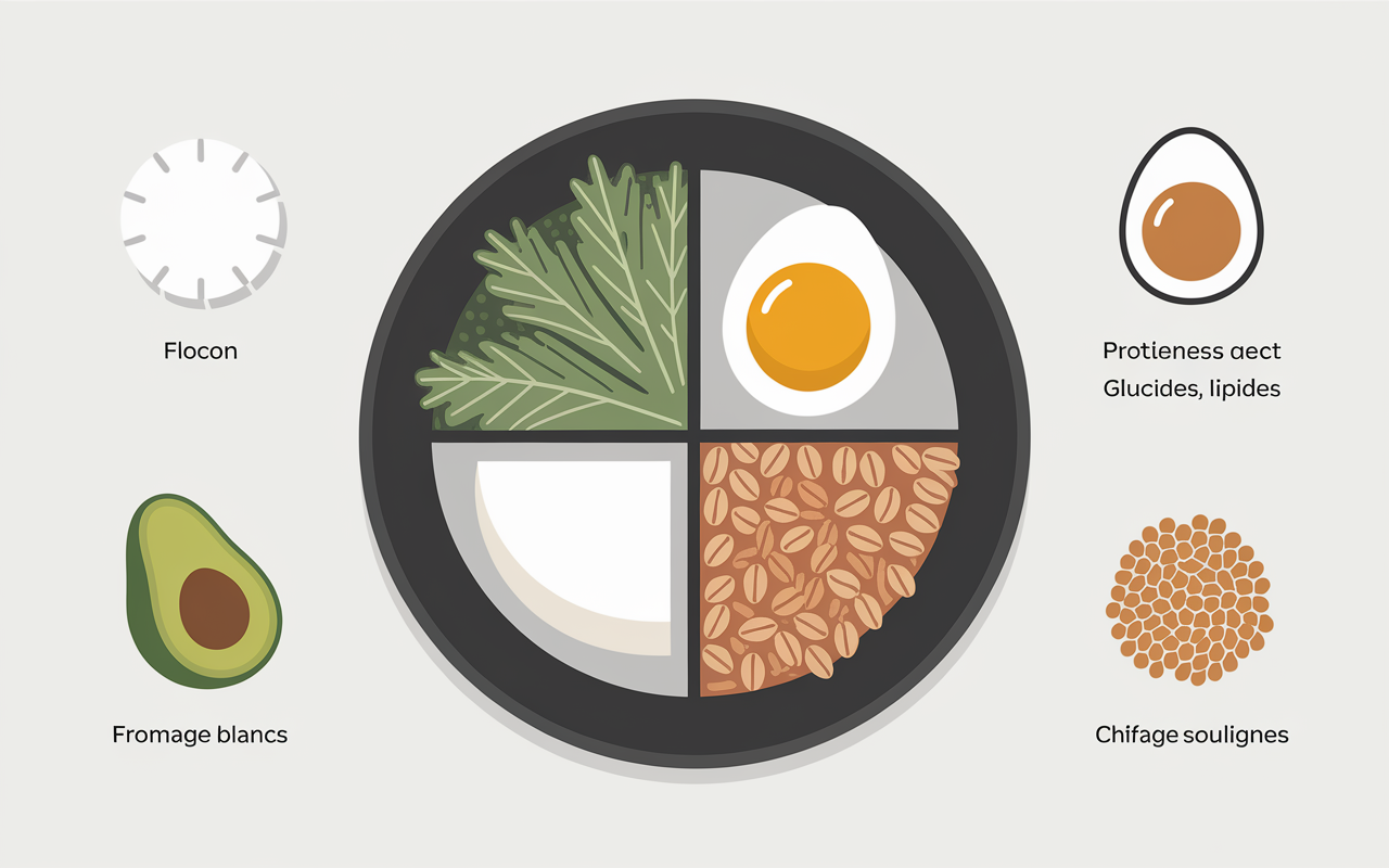 Assiette nutrition sèche flocons fromage blanc avocat graines