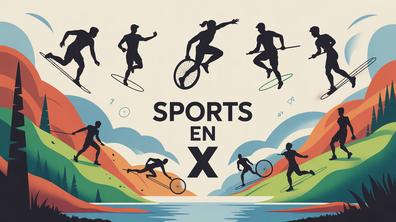 illustration sports en x, raquette, art martial, triathlon, strategie, digital