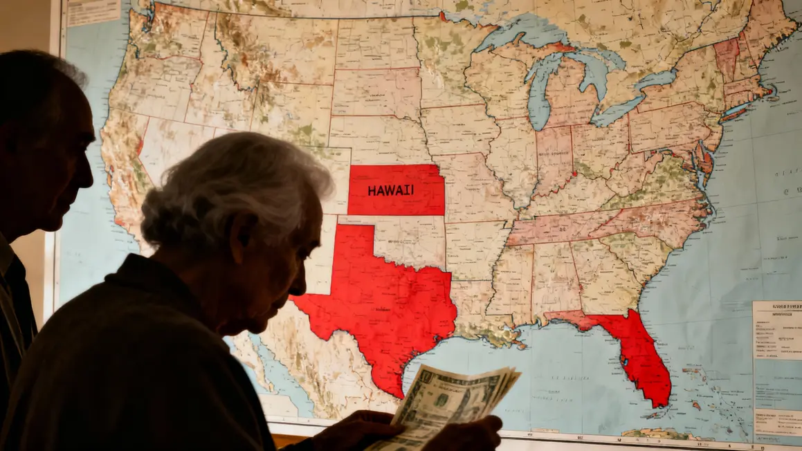 US map highlighting Hawaii Massachusetts California Social Security shortfall