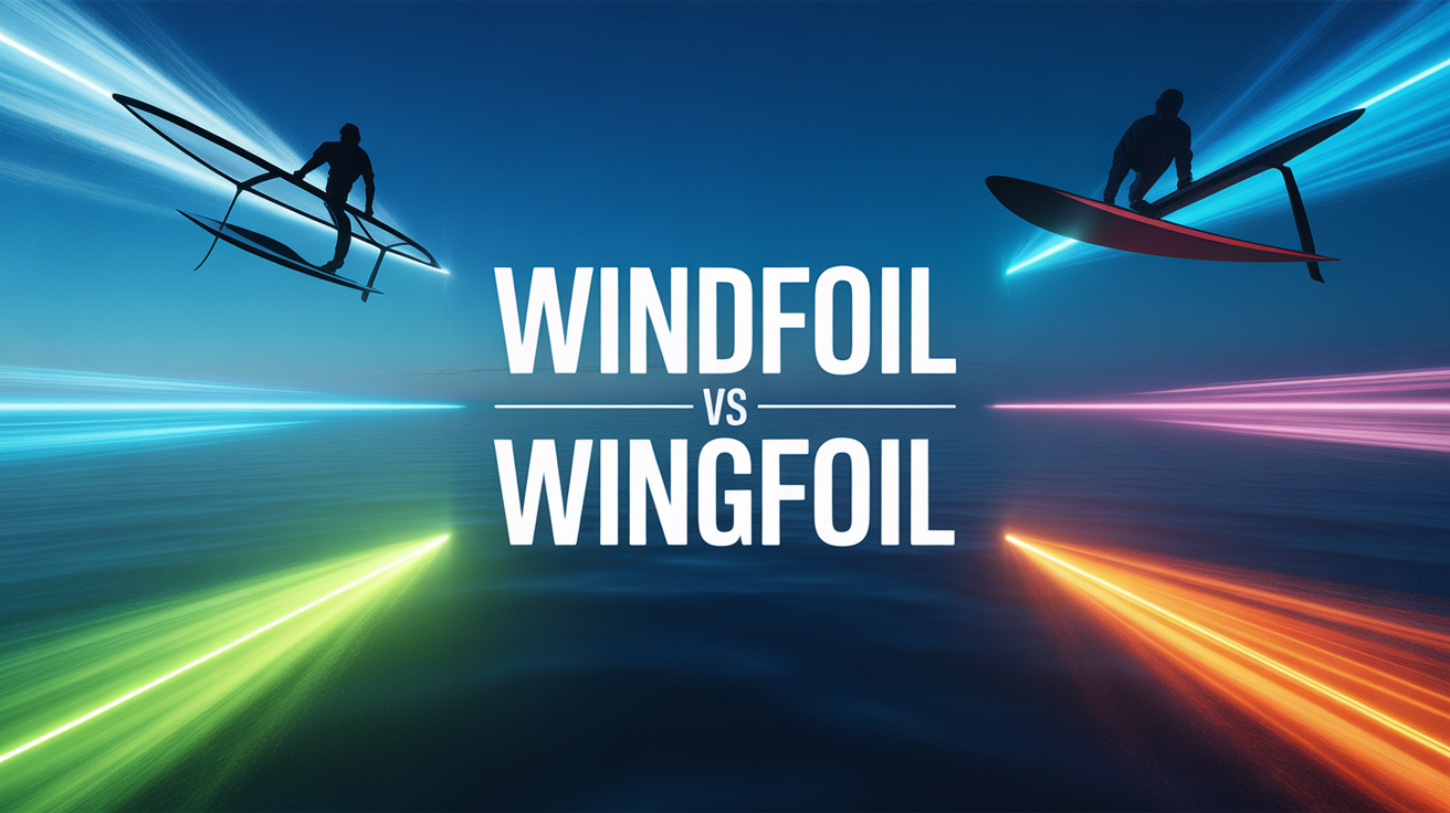 Vue panoramique windfoil et wingfoil, ciel bleu, titre central