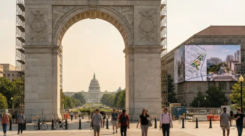 Triumphal Arch dominates Washington DC skyline with Capitol and Lincoln Memorial